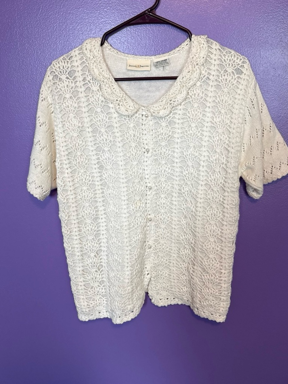 Jaclyn Smith Cream Crochet Short-Sleeve Polo